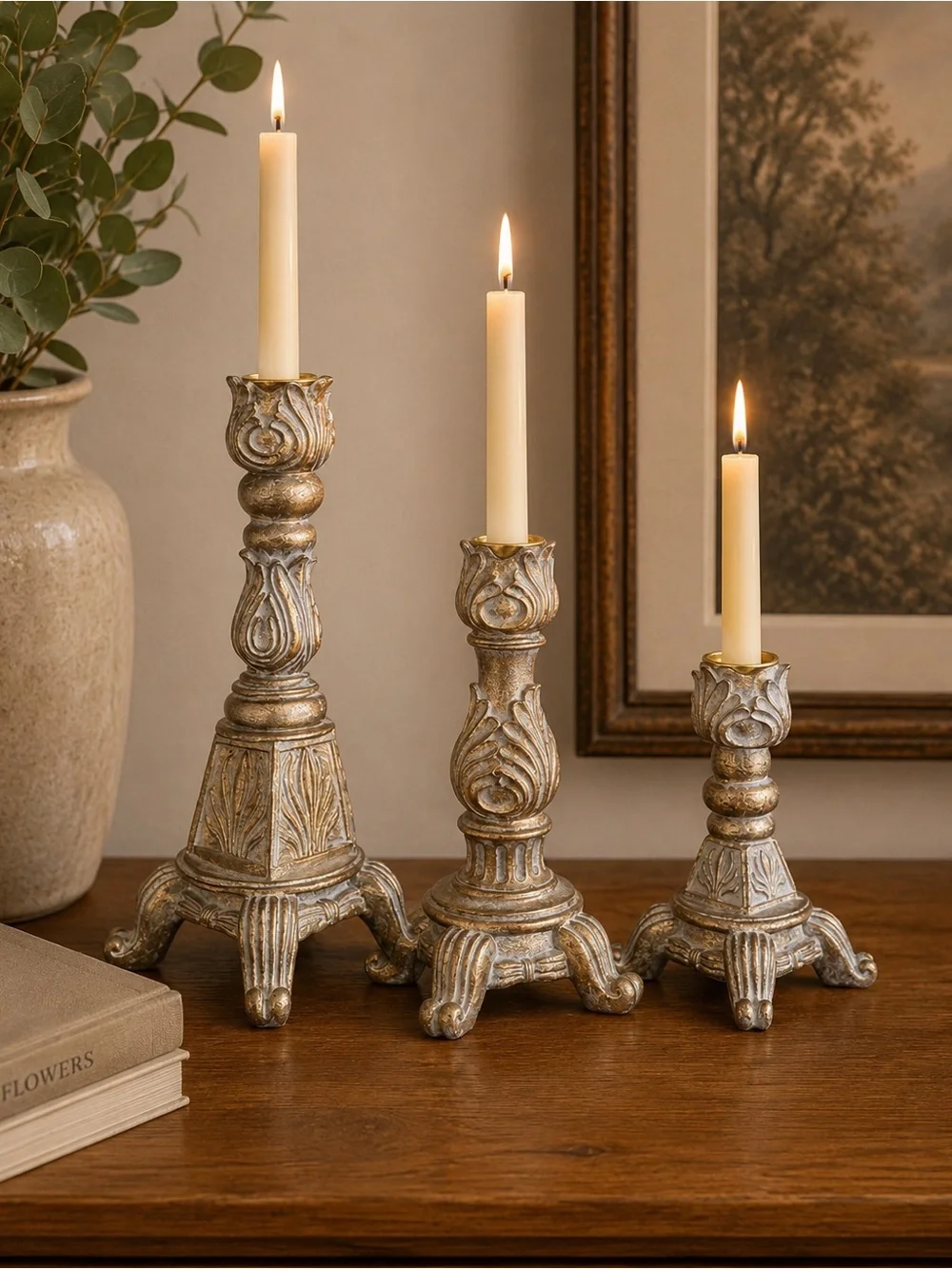 Mervn’s Vintage Ornate Taper Candle Holder Set of 3 | Scrolled Base Gold Washed